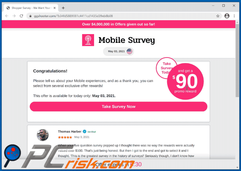 Appearance of Mobile Survey Reward scam (GIF)