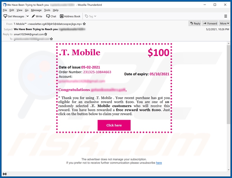 Mobile Survey Reward scam promoting deceptive email