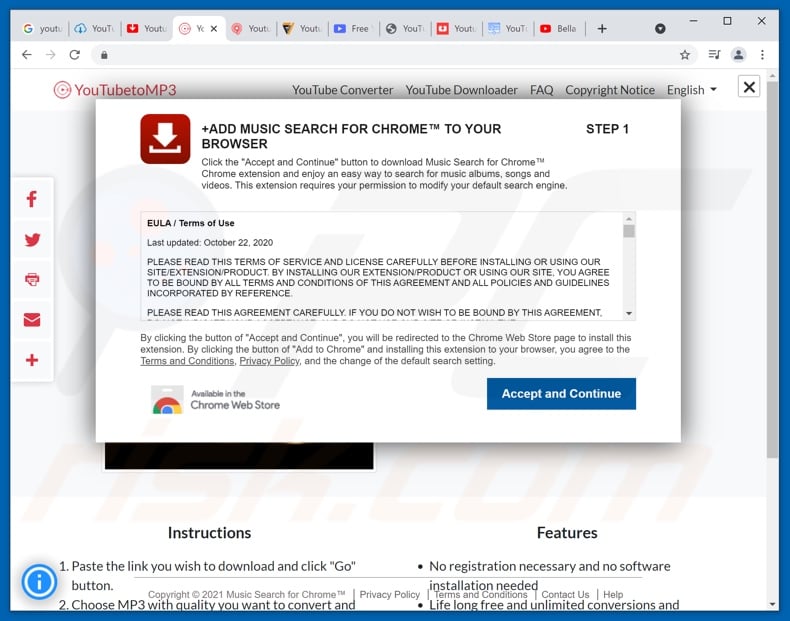 Deceptive website used to promote Music Search for Chrome browser hijacker