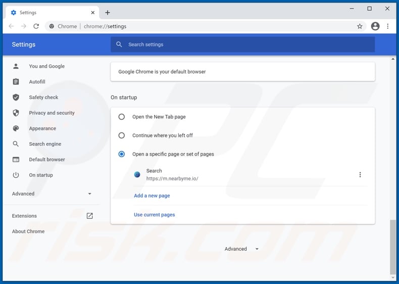 Removing nearbyme.io from Google Chrome homepage