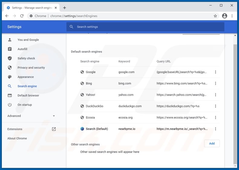 Removing nearbyme.io from Google Chrome default search engine