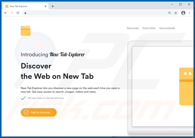 New Tab Explorer — Explore the Web on New Tab adware promoting website