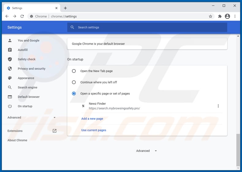 Removing search.mybrowsingsafety.pro from Google Chrome homepage