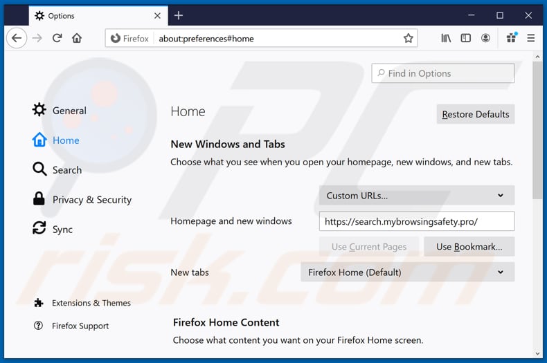 Removing search.mybrowsingsafety.pro from Mozilla Firefox homepage