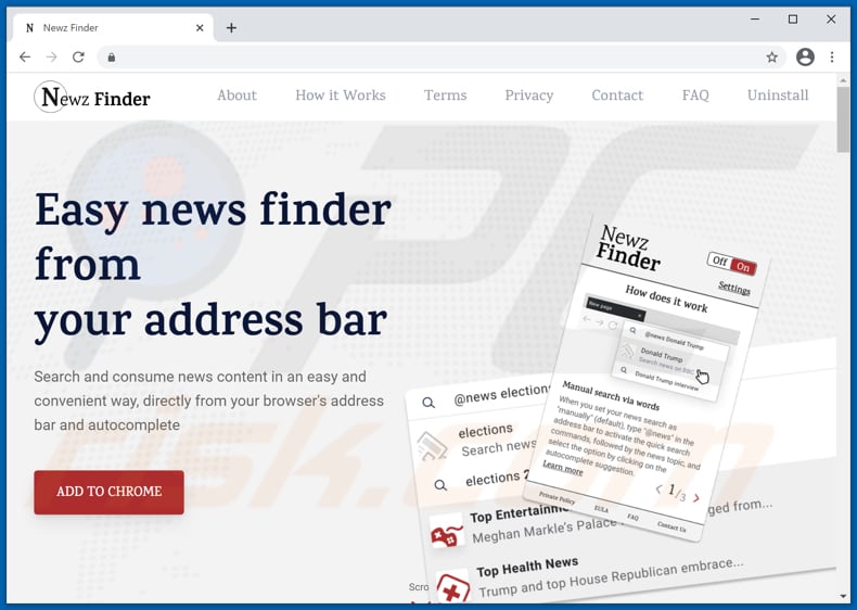 Website used to promote Newz Finder browser hijacker