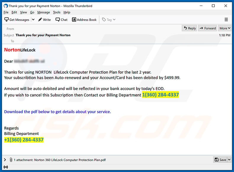 Norton-themed spam email promoting a phishing scam (2021-05-27)