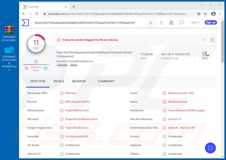 NOTICE OF ACCOUNT CLOSURE FOR AUDIT email virus attachment detections (STATEMENT OF ACCOUNT & PAYMENTS.exe filename)