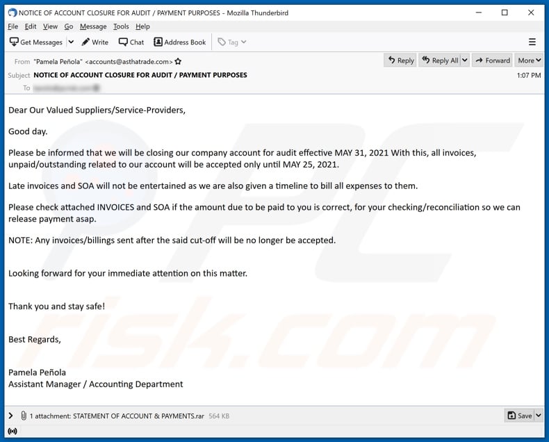 NOTICE OF ACCOUNT CLOSURE FOR AUDIT malware-spreading email spam campaign