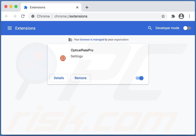 OpticalRatePro browser hijacker installed onto Google Chrome