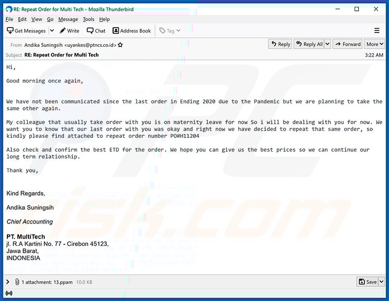 Order Confirmation-themed spam email (2021-05-25)