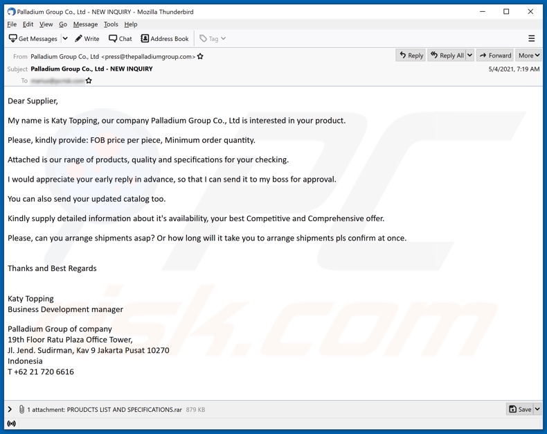 Palladium malware-spreading email spam campaign
