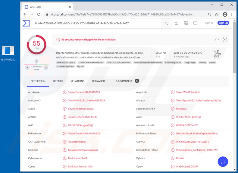 Panda malware detections on VirusTotal