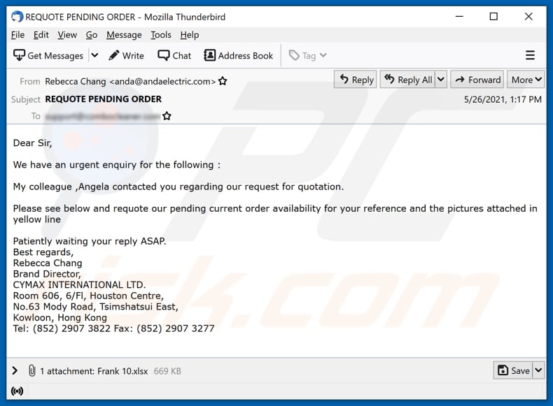 Pending Order email virus malware-spreading email spam campaign