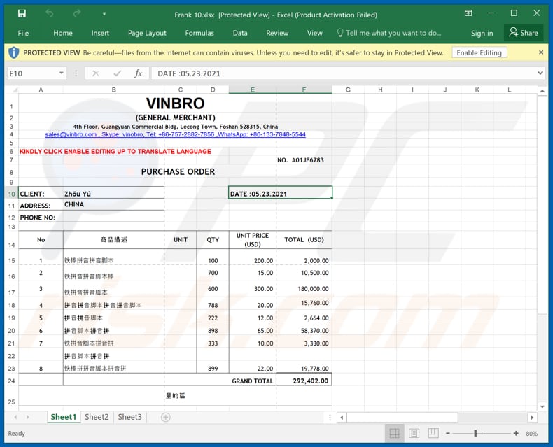 Malicious attachment distributed through Pending Order email campaign