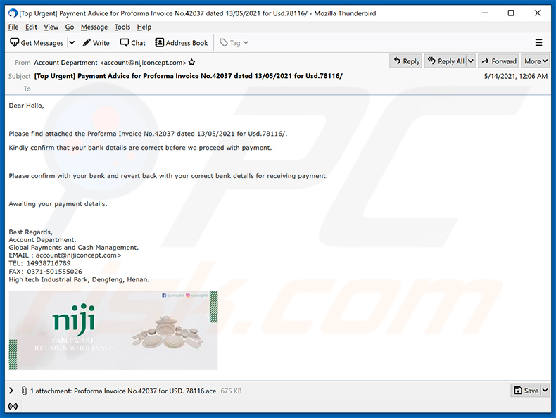 Proforma-themed spam email spreading njRAT malware