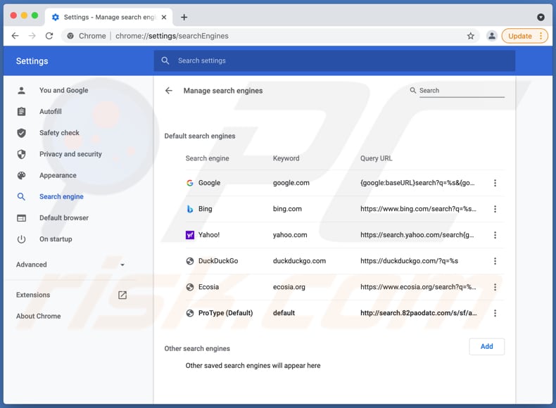 protype browser hijacker search.82paodatc.com as default search engine chrome