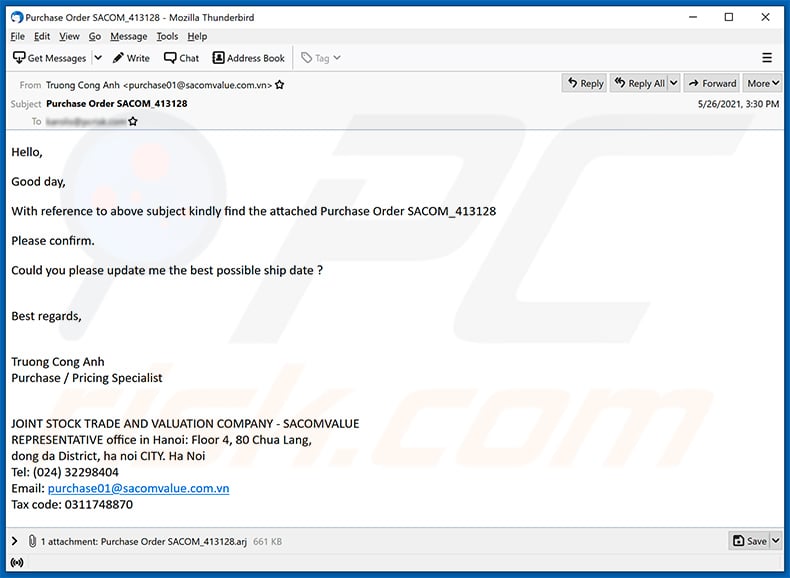 Purchase Order-themed spam email (2021-05-27)