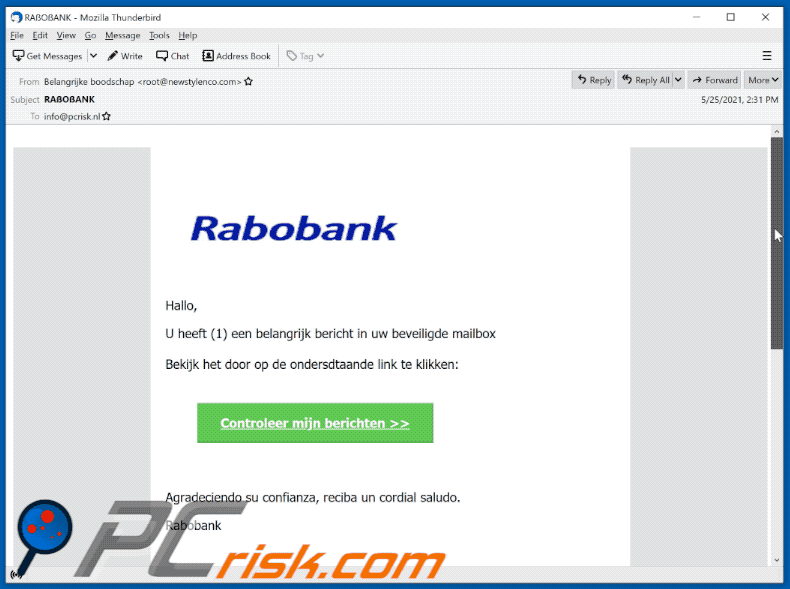 Rabobank-themed spam email promoting a phishing website (2021-05-26)