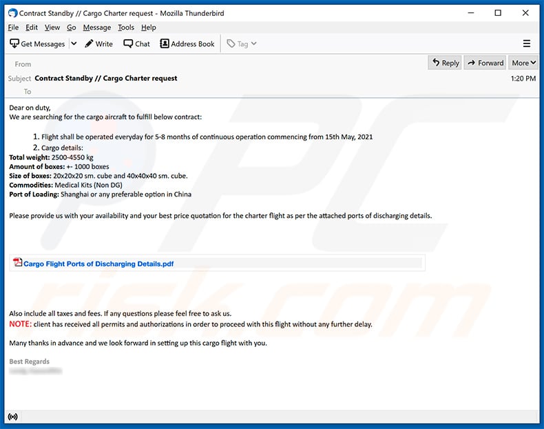 Spam email spreading RevengeRAT virus (sample 1)