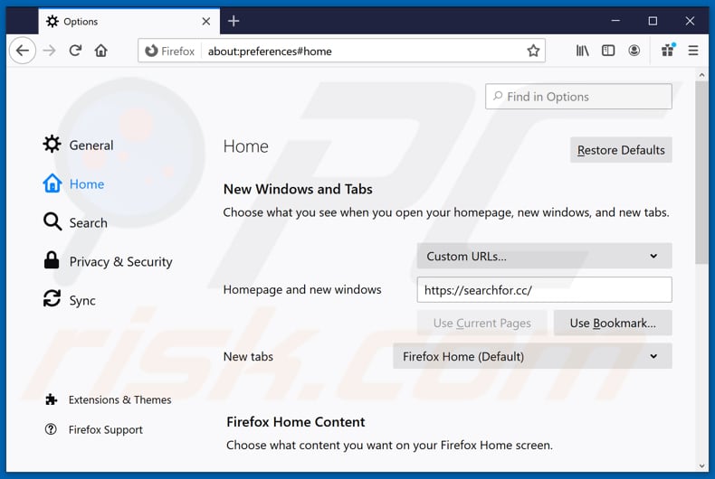 Removing searchfor.cc from Mozilla Firefox homepage