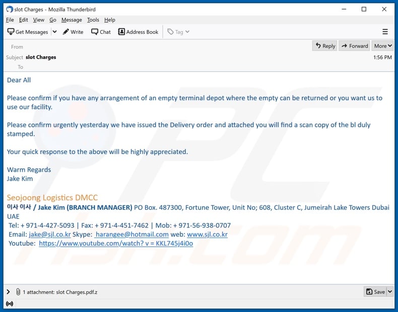 Seojoong Logistics DMCC malware-spreading email spam campaign