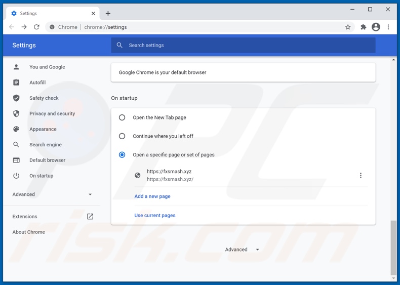 Removing fxsmash.xyz from Google Chrome homepage