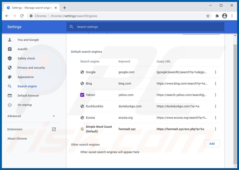 Removing fxsmash.xyz from Google Chrome default search engine