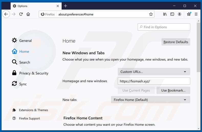 Removing fxsmash.xyz from Mozilla Firefox homepage