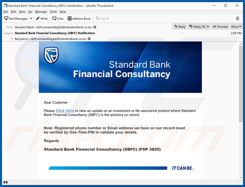 Standard Bank Financial Consultancy (SBFC) email scam email spam campaign