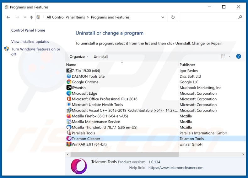 Telamon Cleaner adware uninstall via Control Panel