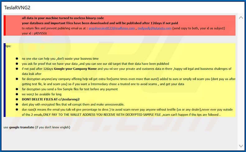 TeslaRVNG2 ransomware pop-up window