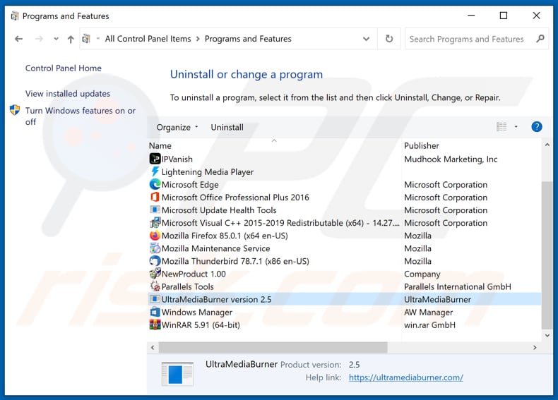 Ultra Media Burner adware uninstall via Control Panel