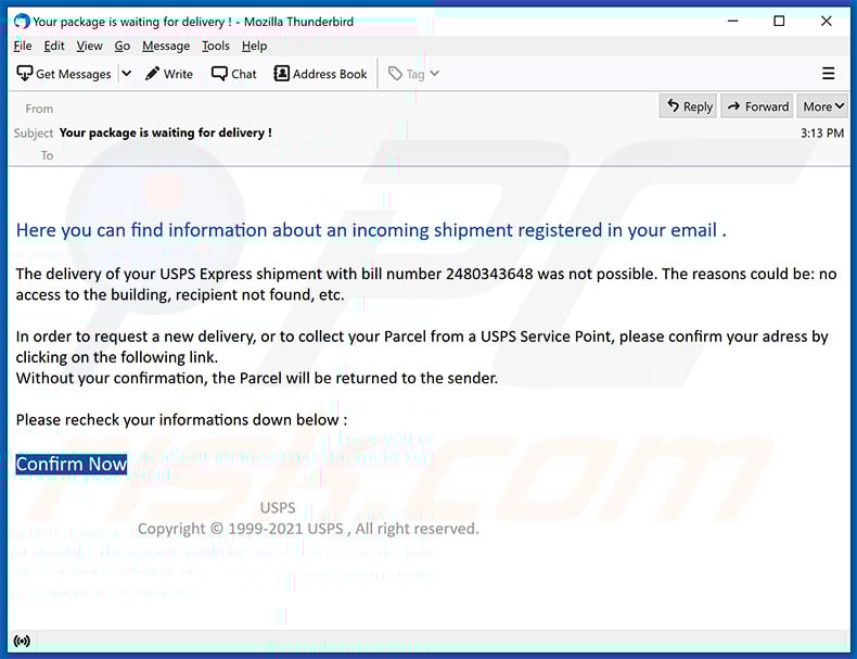 USPS-themed spam email used to promote a phishing website