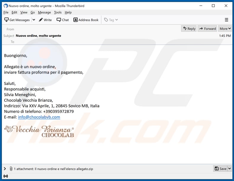 Vecchia Brianza Chocolab email virus malware-spreading email spam campaign