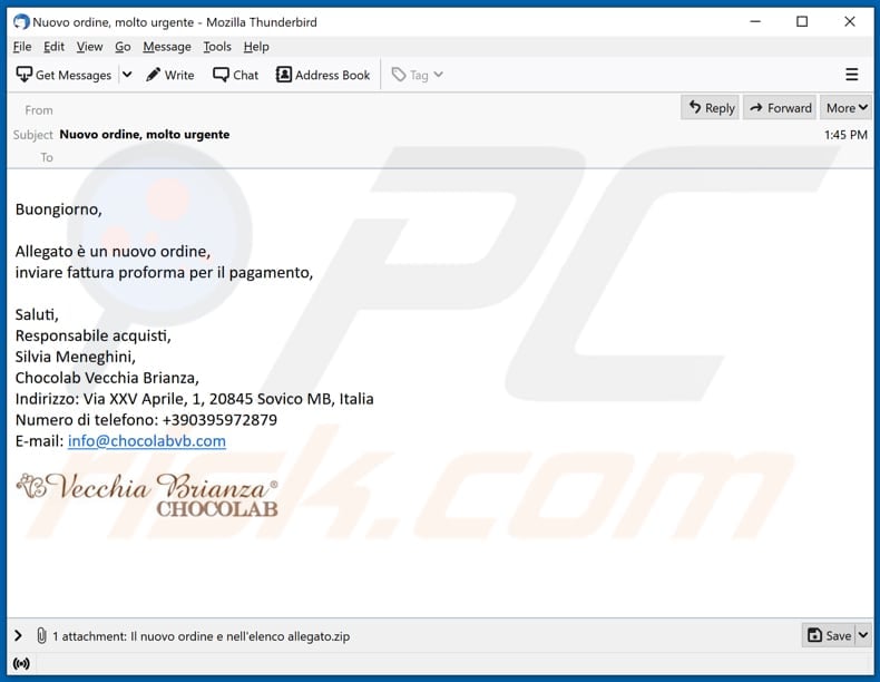 Vecchia Brianza Chocolab email virus malware-spreading email spam campaign