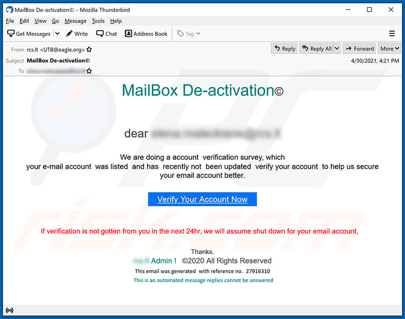 Email verification-themed spam email promoting a phishing site (2021-05-03)