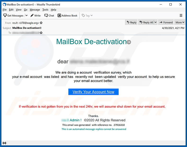 Email verification-themed spam email promoting a phishing site (2021-05-03)