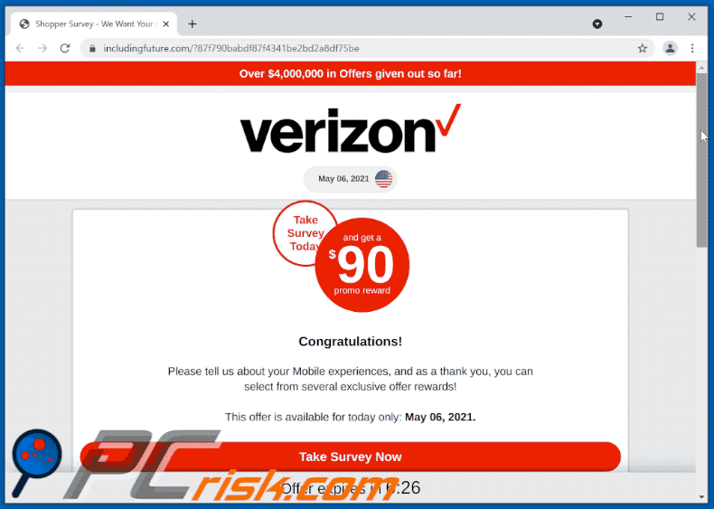 Appearance of Verizon Reward scam (GIF)