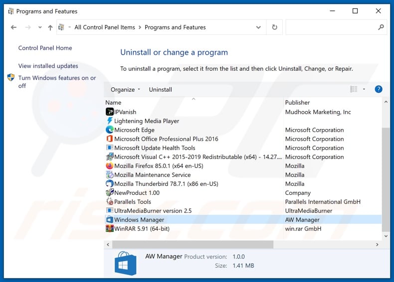 Windows Manager adware uninstall via Control Panel