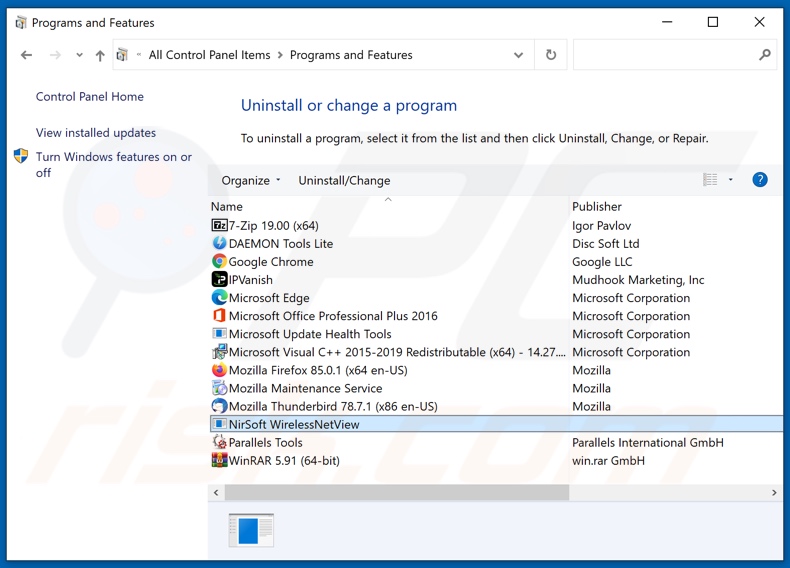 WirelessNetView adware uninstall via Control Panel