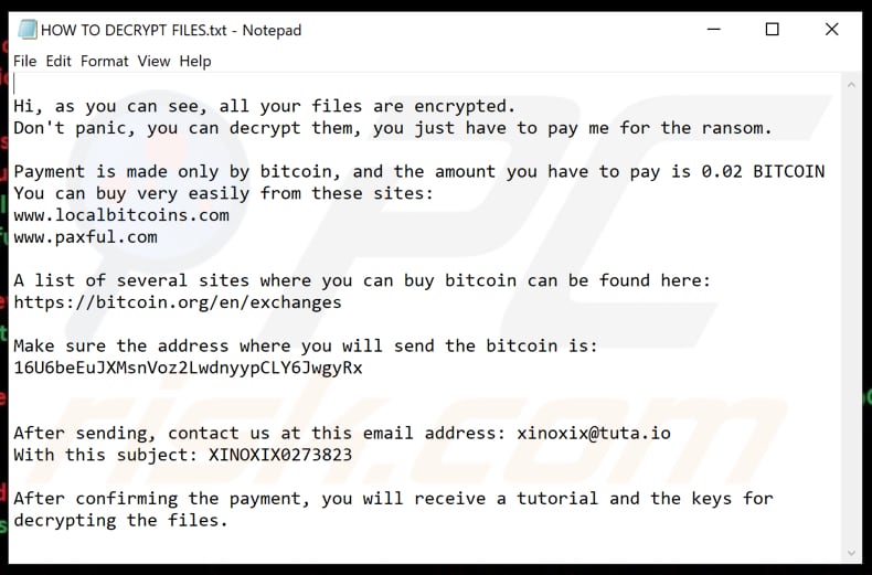 XiNo ransomware text file (HOW TO DECRYPT FILES.txt)