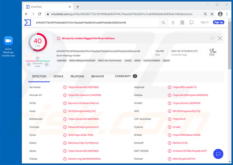 Detections of fake Zoom application used to inject Redline Stealer