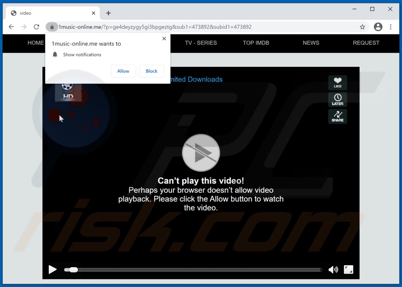 1music-online[.]me pop-up redirects