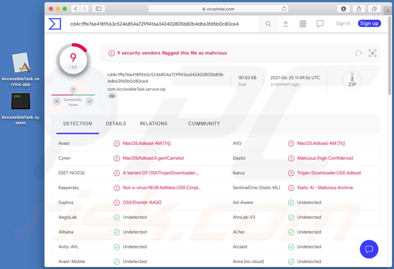 AccessibleTask adware detections on VirusTotal