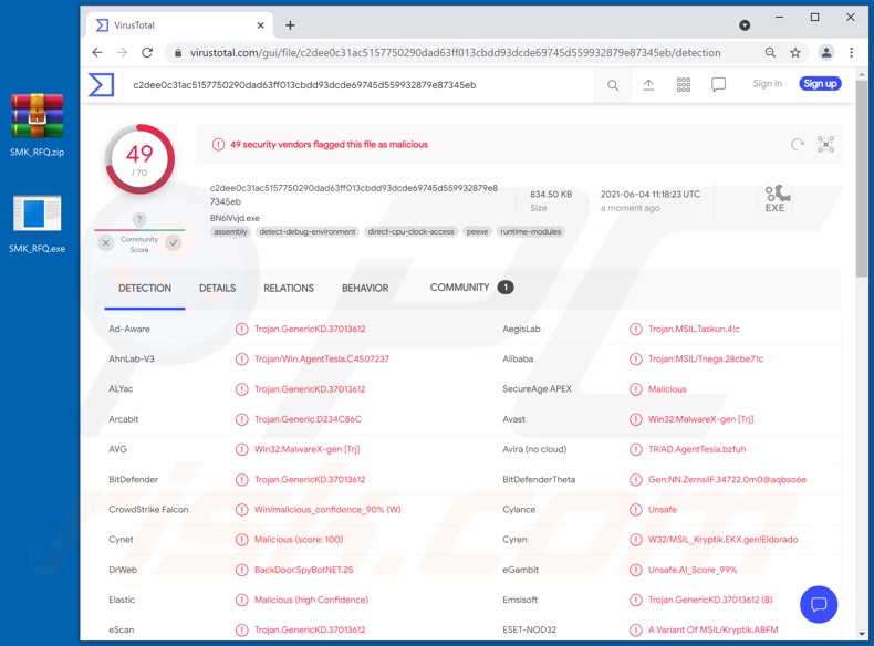 Air Sea Land emai virus attachment detections (SMK_RFQ.exe filename)