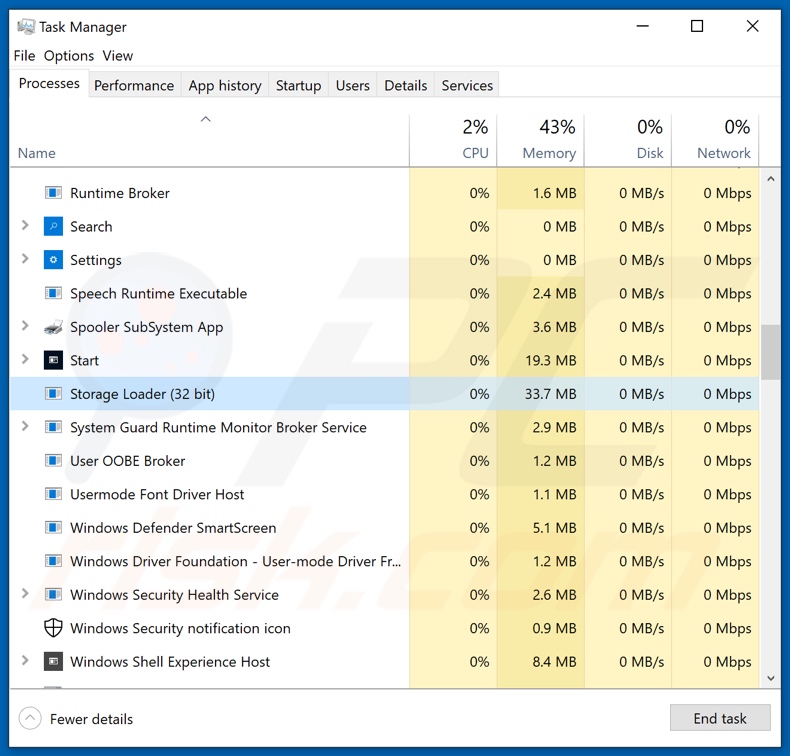 Air Sea Land email virus process on Task Manager (Storage Loader - process name)