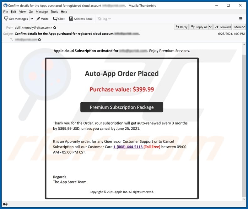 Apple cloud Subscription email scam email spam campaign