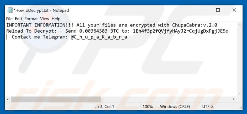 ChupaCabra ransomware text file (HowToDecrypt.txt)