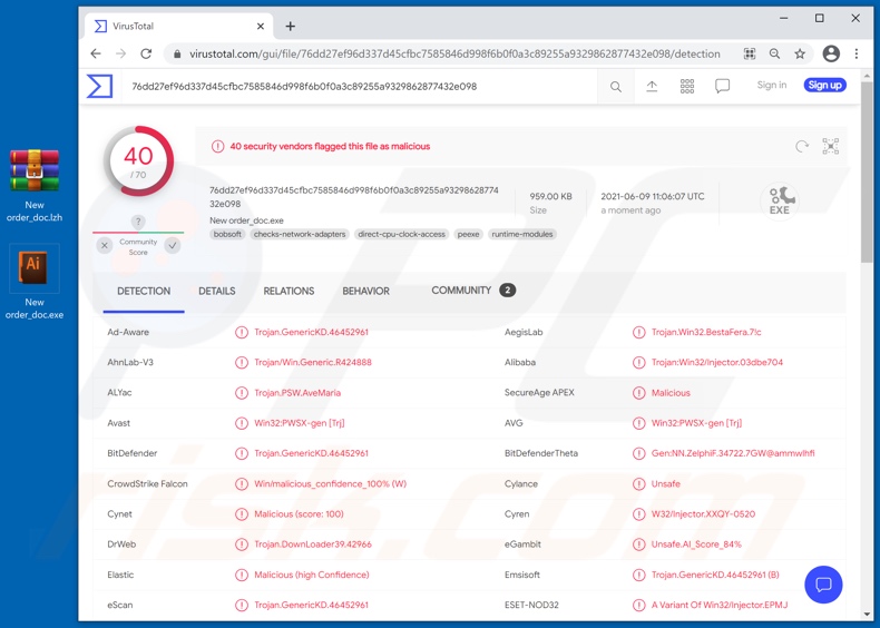 Contech email virus attachment detections on VirusTotal (New order_doc.exe filename)