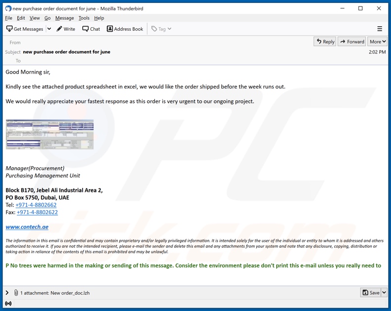 Contech malware-spreading email spam campaign